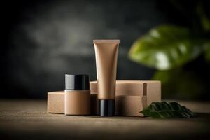 Luxurious natural skincare products displayed on a rustic wooden surface among greenery photo