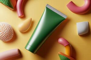 Colorful arrangement of skincare elements with a green tube on a yellow background showcasing beauty products photo