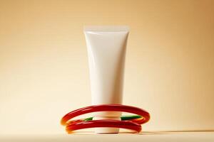 Creative arrangement of a white cosmetic tube with colorful rings on a neutral background photo
