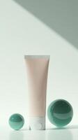 Minimalist display of skincare product with green spheres against a soft background photo