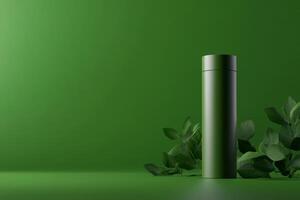 Green insulated bottle surrounded by fresh leaves on a minimalist background highlighting eco-friendly lifestyle choices photo