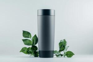 Modern stainless steel tumbler stands among green leaves on a light background showcasing eco-friendly design photo