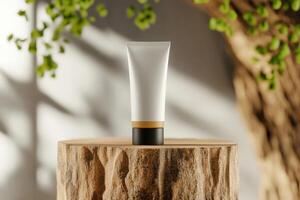 Skincare cream displayed on wooden pedestal with natural background in indoor setting during daylight photo