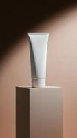Elegant white tube of cream displayed on a minimal pedestal against a softly lit backdrop in an artistic setting photo
