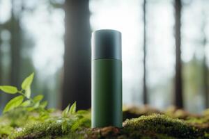 Premium eco-friendly container stands on soft moss in a serene forest setting during early morning light photo