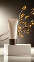 Elegant product display featuring a cream tube with decorative plant elements in a stylish setting photo
