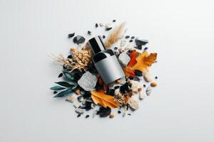 Fragrant arrangement featuring a minimalist bottle surrounded by natural elements on a light surface photo