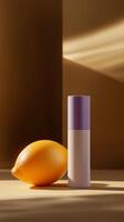 Lemon and minimalist bottle placed on a wooden surface with soft lighting creating a warm atmosphere photo
