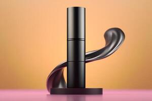 A sleek black sculpture twists elegantly against a soft gradient background, embodying movement and balance. photo