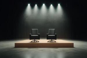 Two empty chairs on a lit stage in a dark setting waiting for a discussion or interview to begin photo