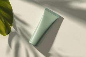 Cream tube placed on a light surface with shadows from palm leaves during midday sunlight photo