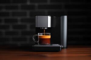 Espresso machine brewing a rich cup of coffee on a wooden countertop in a modern kitchen setting photo
