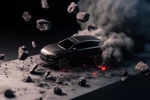 Detailed depiction model of a dynamic scene with a sleek car amidst rocks and smoke at night photo