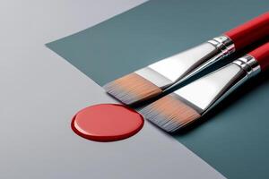 Brushes and red paint on a gray and teal surface ready for artistic creation with vibrant colors photo