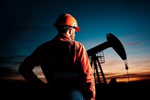 Oil worker observes rig at sunset in remote field during evening hours photo