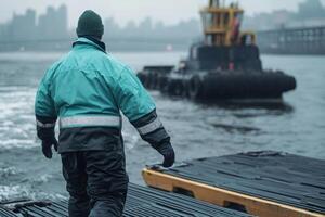 Worker in teal jacket oversees tugboat maneuvering near dock on a foggy day in the city photo