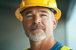Construction worker in hard hat looks confidently at the camera at a building site during the day photo