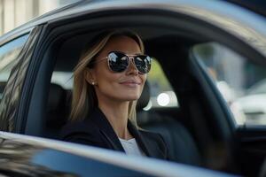 A stylish woman with blonde hair relaxes in the passenger seat of a car, exuding confidence with her sunglasses on, against a busy urban backdrop. photo