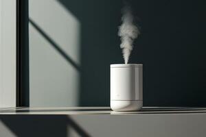 Compact diffuser releases aromatic mist in a modern, sunlit room during afternoon hours photo