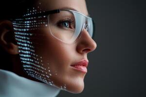 Innovative woman wearing smart glasses with digital projection on her face in a modern setting photo