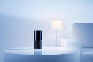 Modern smart speaker on table beside lamp in cozy living room at nighttime ambiance photo