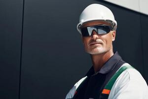 Construction worker wearing safety gear and sunglasses at a building site in bright daylight photo