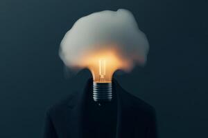 Creative concept of a person with a light bulb head emitting a cloud, representing ideas and imagination in a dark background photo