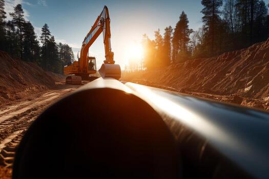 Heavy machinery working on a pipeline installation at sunset near a forested area photo