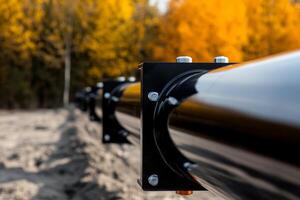 Black pipeline stretching through a forest with autumn foliage under a clear sky photo