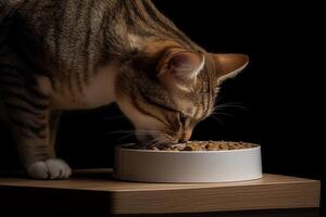 Cat enjoys a meal from a white bowl on a wooden surface in a dimly lit room during the evening photo
