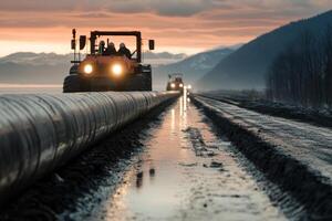 Construction vehicles laying pipeline during sunset near mountainous terrain in remote area photo