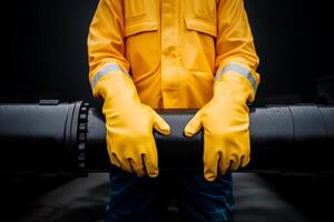 Worker wearing yellow gloves and raincoat holds a black pipe in an industrial setting under low light conditions photo