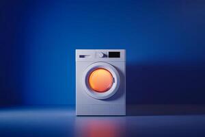 Modern washing machine with bright orange drum set against a deep blue wall in a well-lit room photo