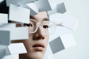 Young person with glasses surrounded by floating white cubes in a minimalist setting photo