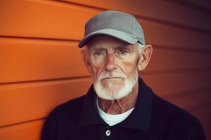 Elderly man with a gray beard and cap poses thoughtfully against an orange wooden backdrop photo