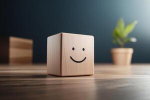 Wooden block with a cheerful face and a plant in the background in a modern setting photo