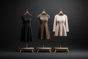 Stylish collection of dresses showcased on mannequins against a dark background in a modern display setting photo