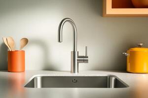 Modern kitchen sink with sleek faucet and vibrant cookware in a minimalist setting photo
