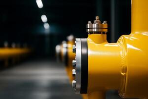 Industrial yellow pipelines in a dark, spacious facility with focused lighting photo