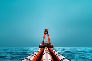 Large vessel positioned in open water, laying pipes for undersea infrastructure on a clear day photo