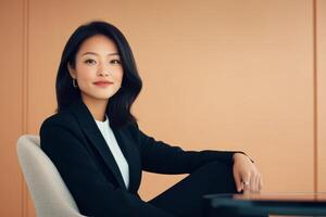 Young businesswoman in a sleek office setting exuding confidence and professionalism during a meeting photo