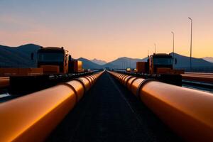 Trucks and pipelines at sunset in a mountainous area show industrial transportation photo