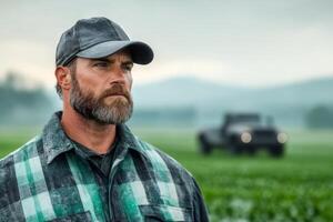 Farmer stands in a lush green field with mountains in the background during early morning hours photo