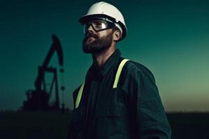 Oil worker stands proud in the twilight, with drilling rig silhouetted against the evening sky photo