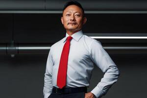 Confident businessman in formal attire posing professionally indoors with subtle lighting photo