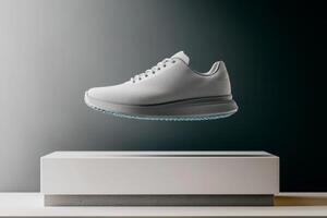 Floating lightweight athletic shoe displayed on minimal pedestal in contemporary studio setting with subtle lighting photo