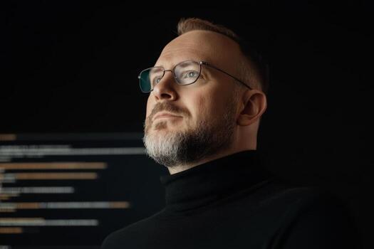 Professional man in black turtleneck reflecting on programming code in a modern workspace at night photo