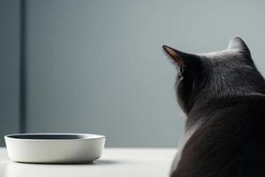 Cat sits patiently beside an empty bowl in a softly lit room during quiet morning hours photo