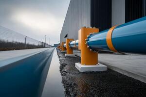 Industrial water pipeline installation along the edge of a manufacturing facility under overcast skies photo