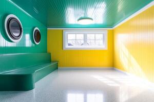 Colorful interior design of a modern space featuring green and yellow walls and unique circular windows photo